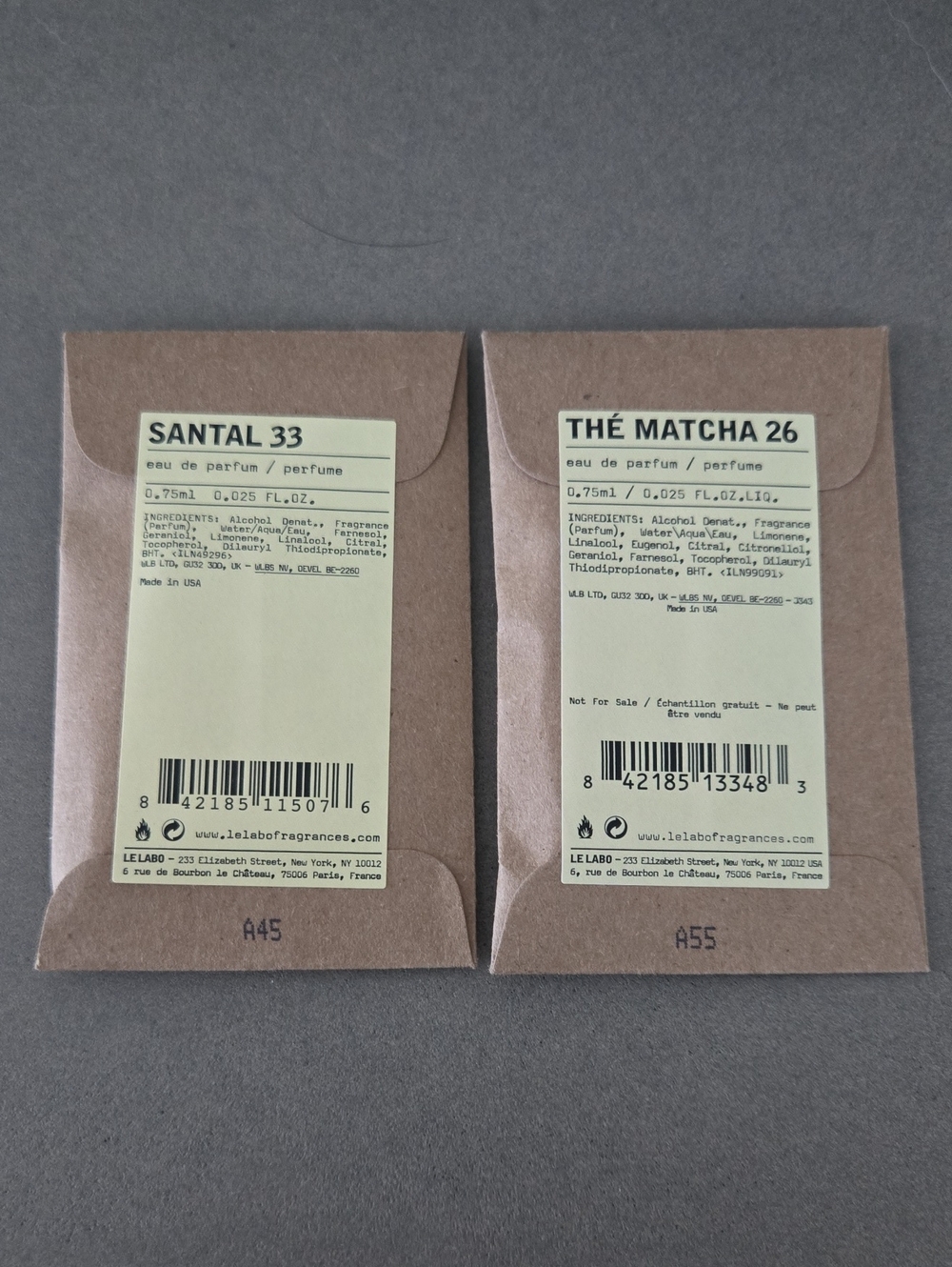 New Never Used Sealed Le Labo sample duo SANTAL 33 & THE MATCHA 26